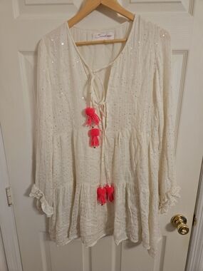 Sundress Boho Neo Mini Dress in St Barth Coconut Pink Pom Accents Size M/L